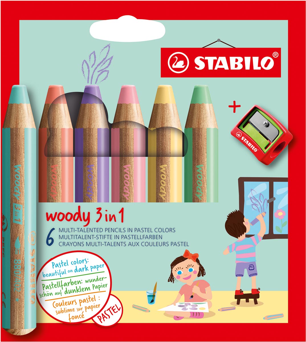 Stabilo Woody 6 stuks pastel incl. slijper